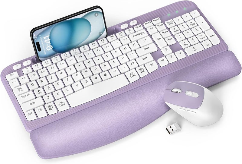EAYBLLY Wireless Keyboard and Mouse Combo, Wave Keys Full-Sized Ergonomic Keyboard with Cushioned Plam Rest, Phone Holder, Comfortable Natural Typing, 2.4G Cordless Set for Computer, Laptop, PC, Mac, Windows - Image 1